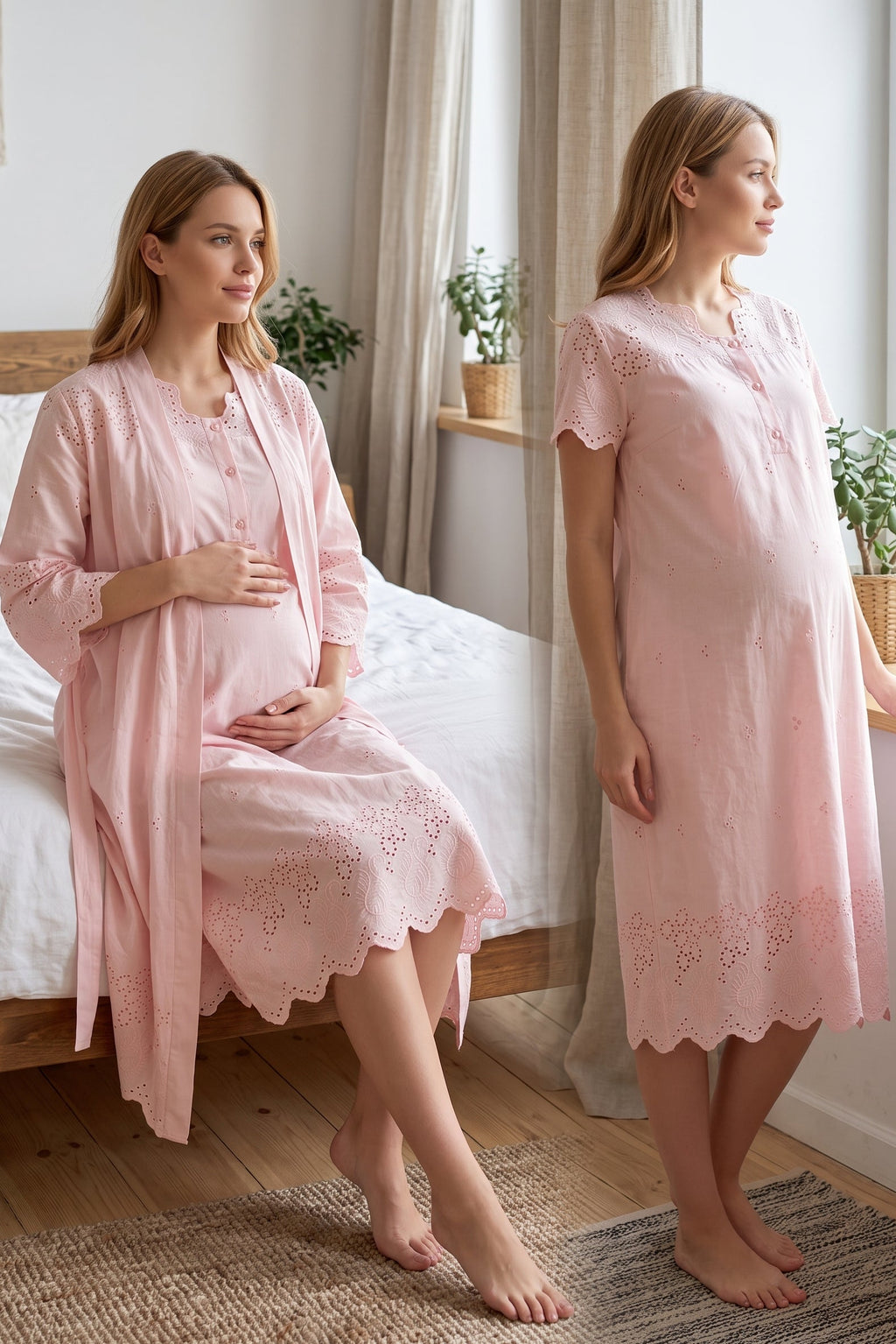 Embroidered Maternity Feeding-Friendly Nightgown & Robe Set Powder - T9020