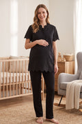 Embroidered Maternity Feeding-Friendly Pajama Set Black - T9022