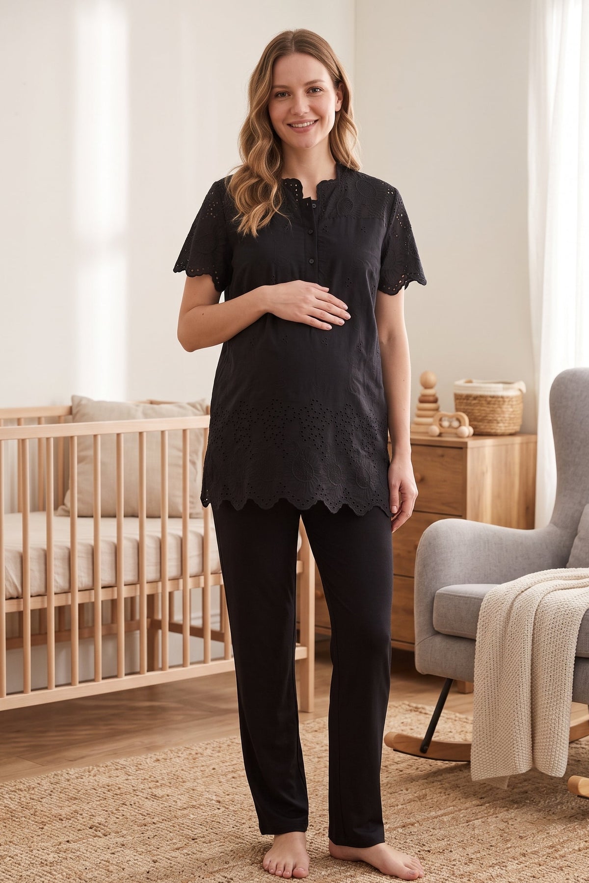 Embroidered Maternity Feeding-Friendly Pajama Set Black - T9022
