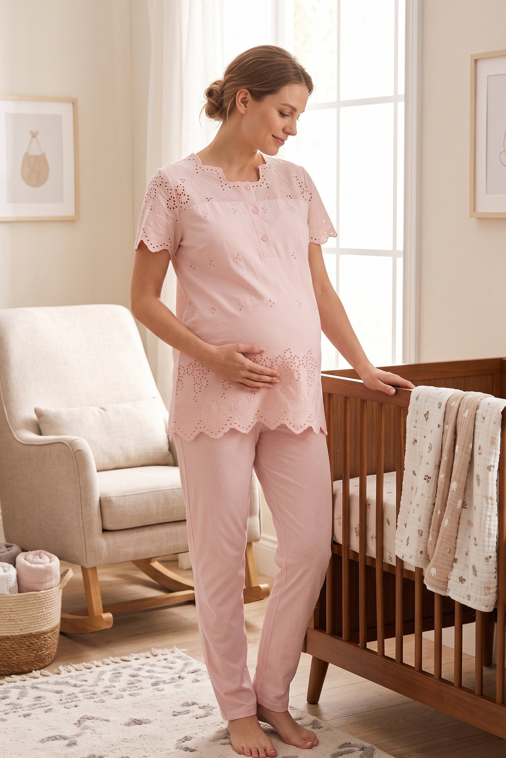 Embroidered Maternity Feeding-Friendly Pajama Set Powder - T9022