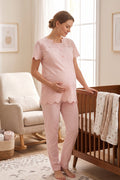 Embroidered Maternity Feeding-Friendly Pajama Set Powder - T9022