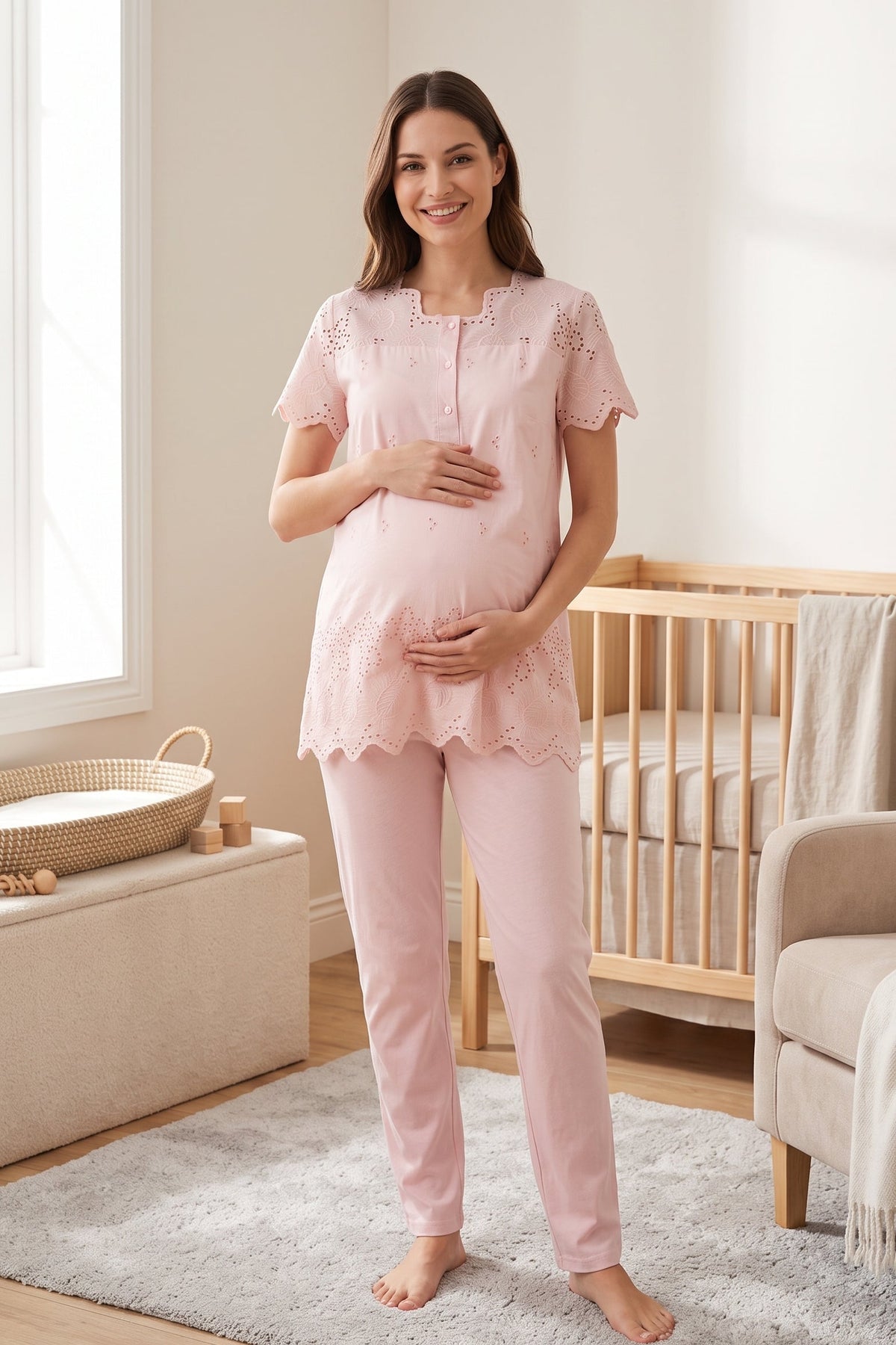 Embroidered Maternity Feeding-Friendly Pajama Set Powder - T9022
