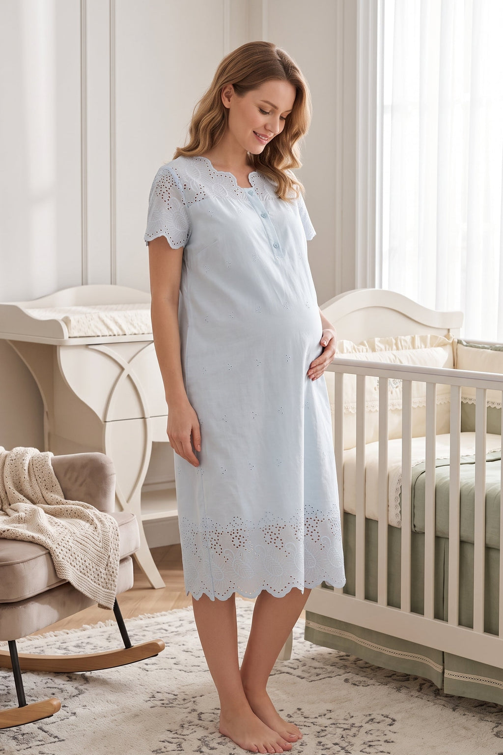 Embroidered Maternity Feeding-Friendly Nightgown Blue - T9023