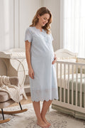 Embroidered Maternity Feeding-Friendly Nightgown Blue - T9023
