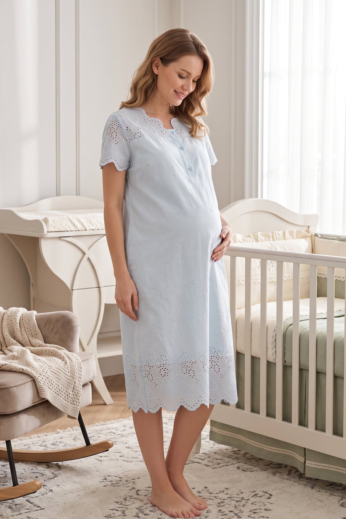 Embroidered Maternity Feeding-Friendly Nightgown Blue - T9023