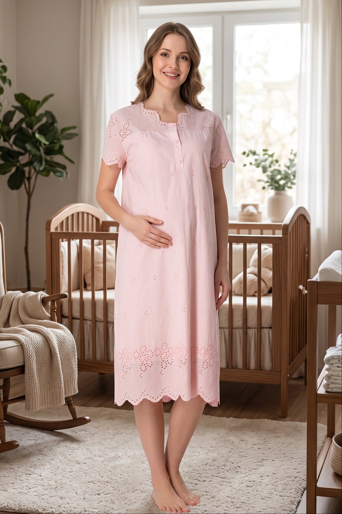 Embroidered Maternity Feeding-Friendly Nightgown Powder - T9023