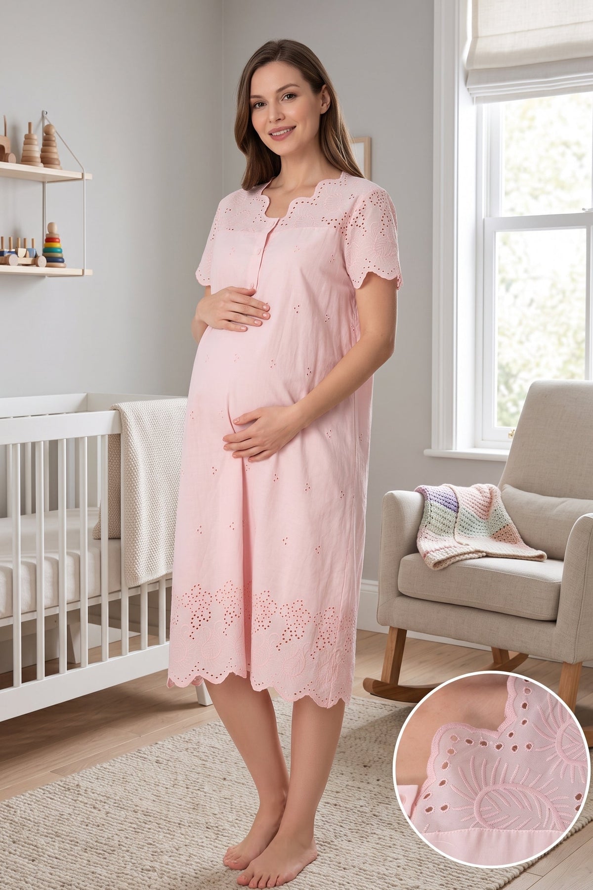 Embroidered Maternity Feeding-Friendly Nightgown Powder - T9023