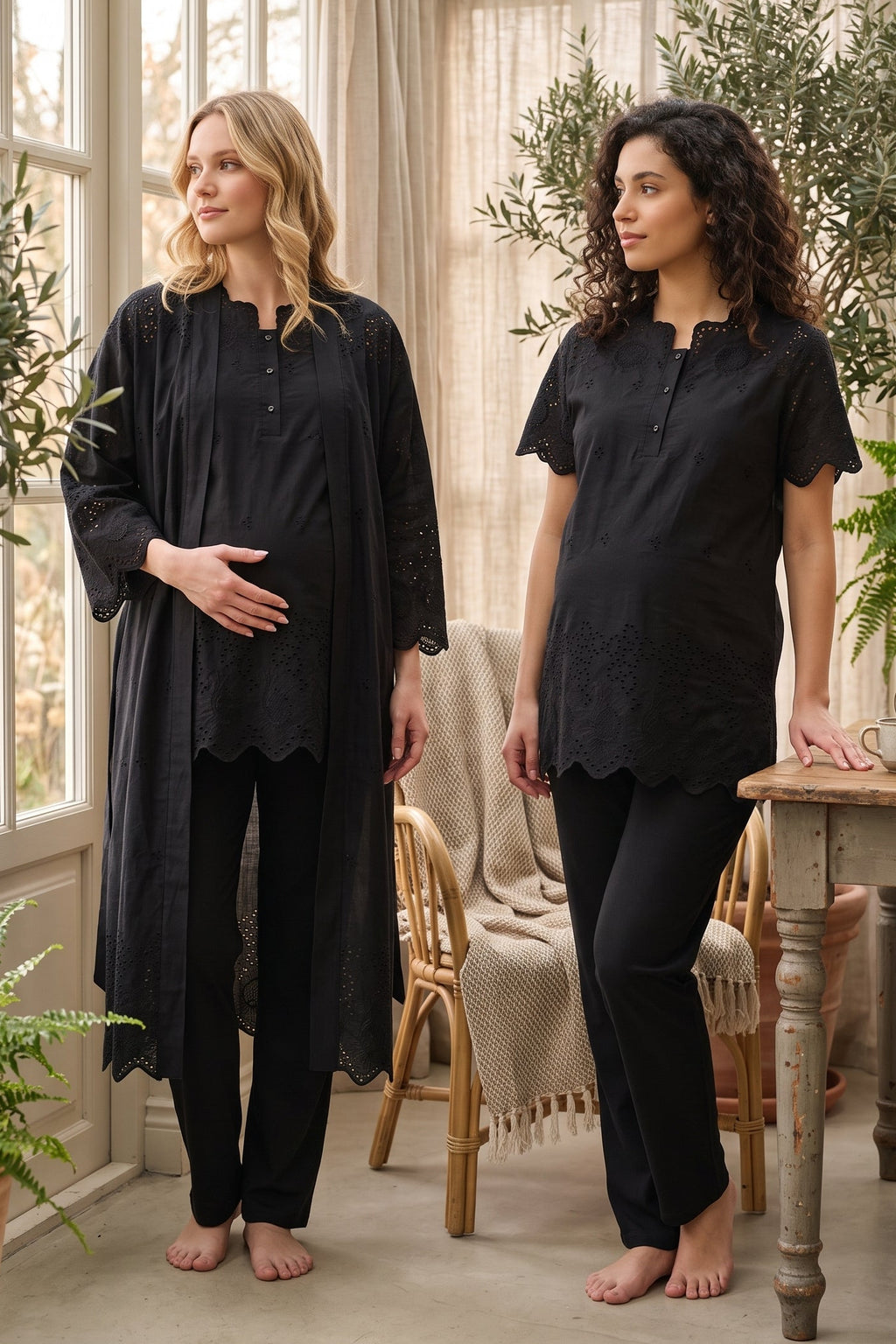 Embroidered 3-Piece Maternity Feeding-Friendly Pajama & Robe Set Black - T9024