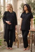 Embroidered 3-Piece Maternity Feeding-Friendly Pajama & Robe Set Black - T9024
