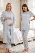 Embroidered 3-Piece Maternity Feeding-Friendly Pajama & Robe Set Blue - T9024