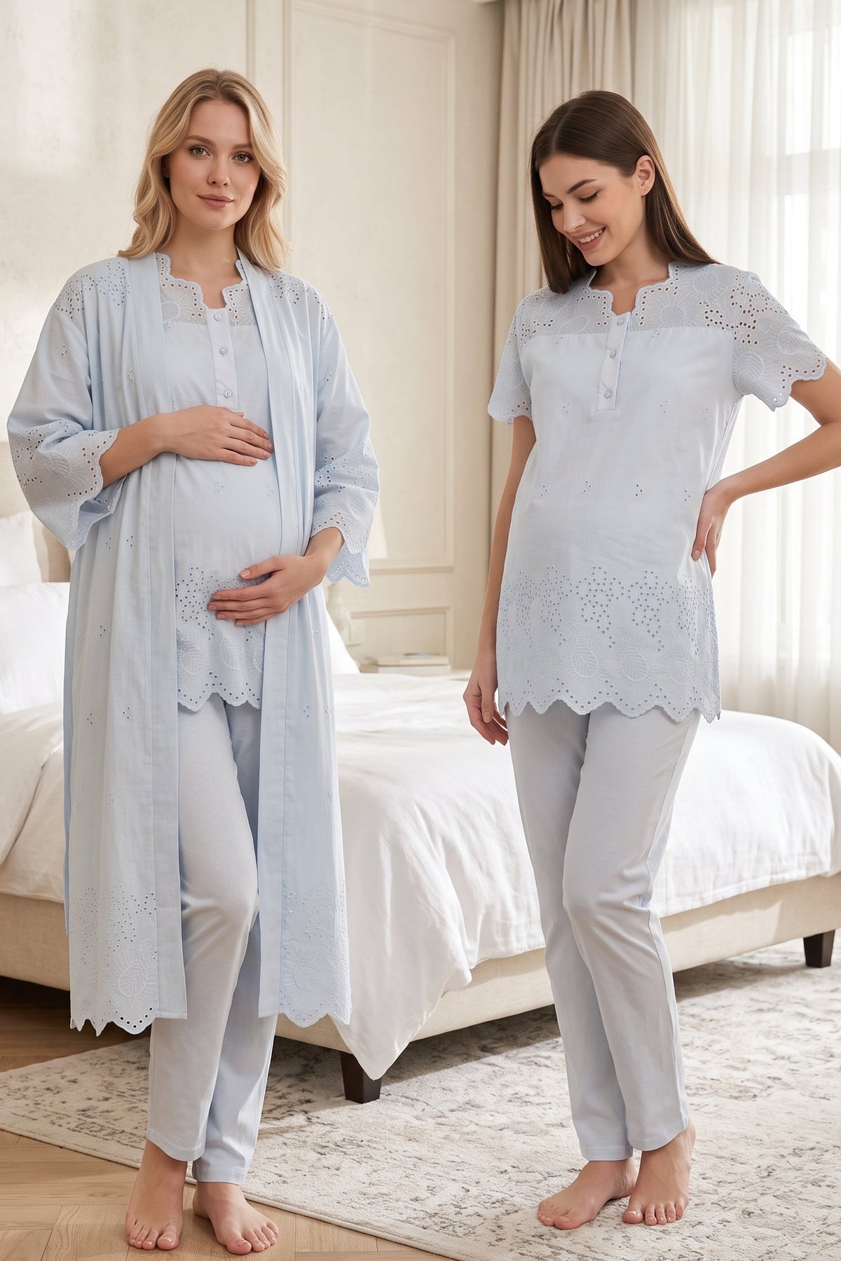 Embroidered 3-Piece Maternity Feeding-Friendly Pajama & Robe Set Blue - T9024