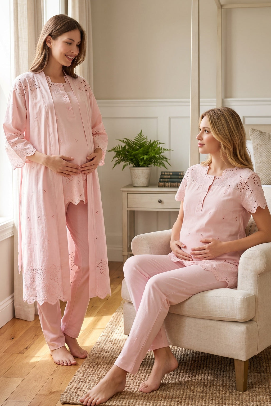 Embroidered 3-Piece Maternity Feeding-Friendly Pajama & Robe Set Powder - T9024