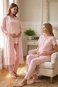 Embroidered 3-Piece Maternity Feeding-Friendly Pajama & Robe Set Powder - T9024