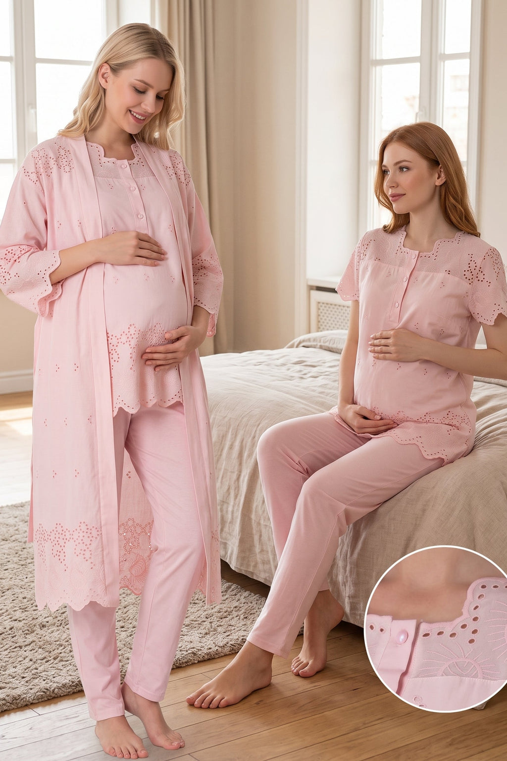 Embroidered 3-Piece Maternity Feeding-Friendly Pajama & Robe Set Powder - T9024