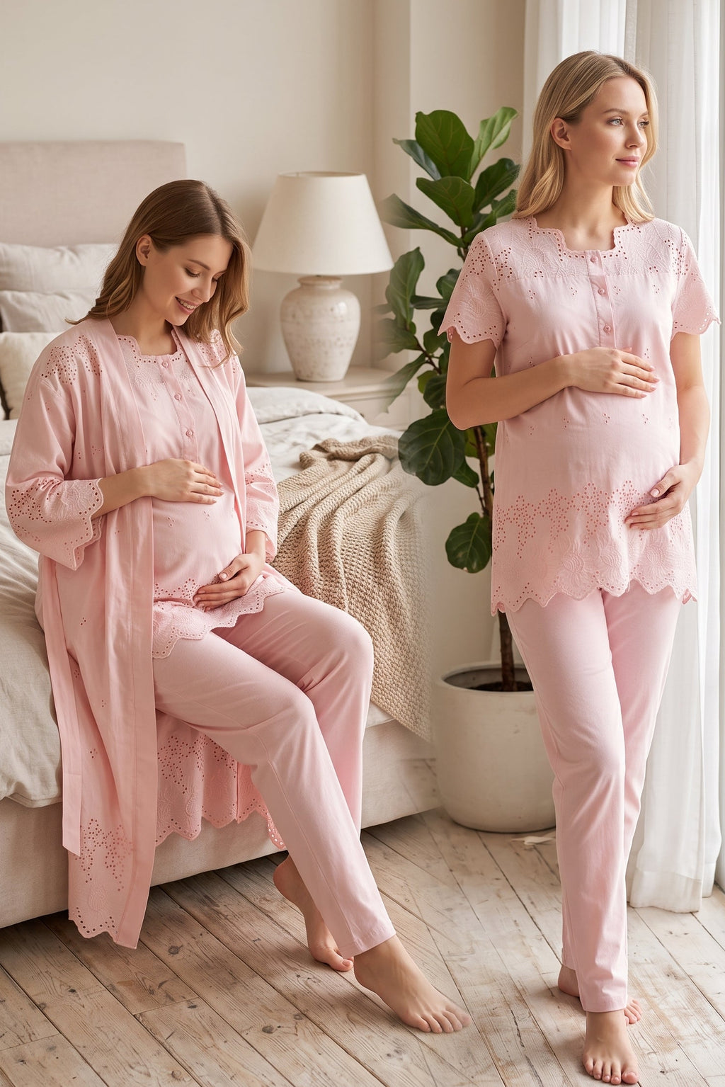 Embroidered 3-Piece Maternity Feeding-Friendly Pajama & Robe Set Powder - T9024