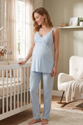 Lace Detailed Wrap Maternity Feeding-Friendly Pajama Set Blue - T9032