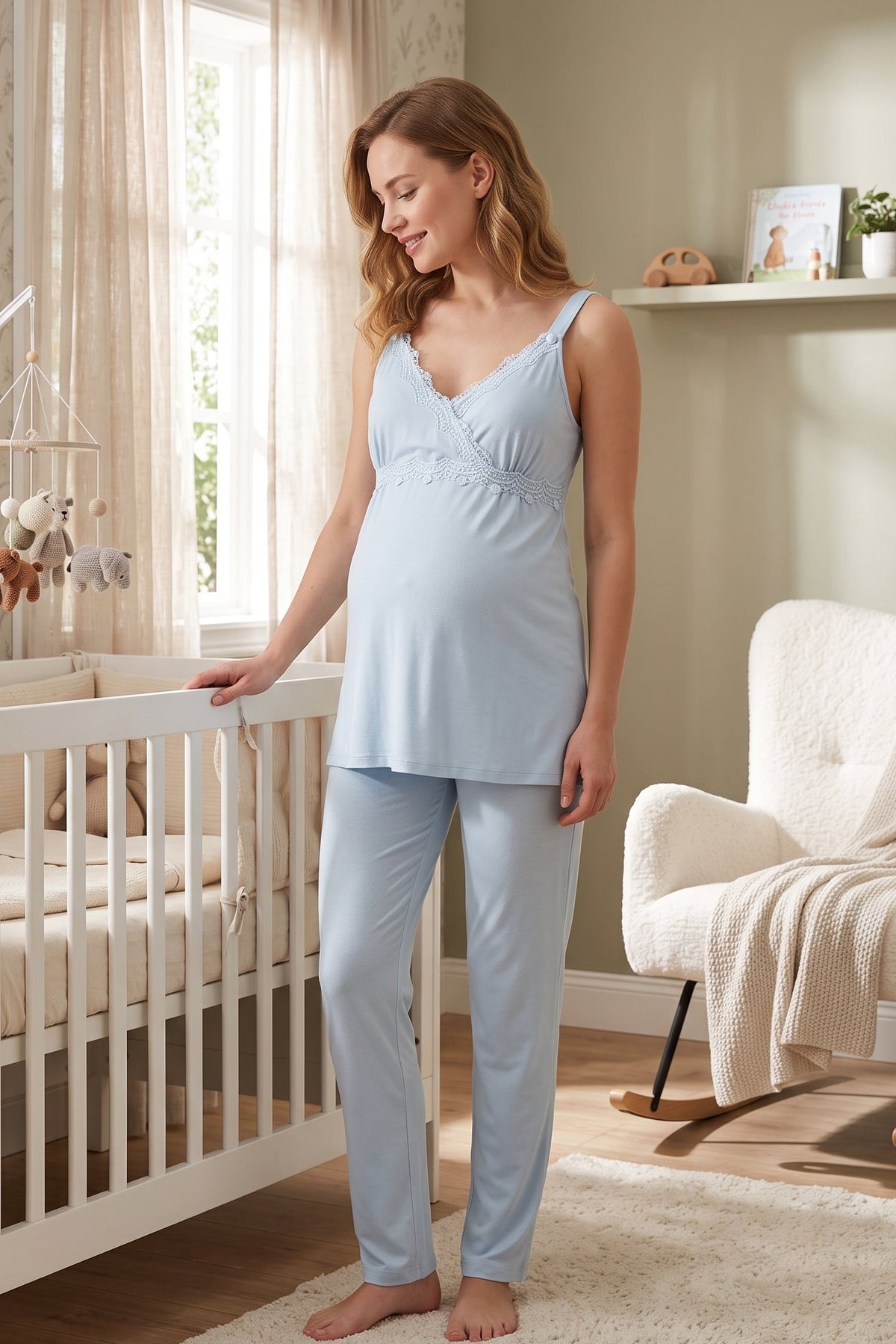 Lace Detailed Wrap Maternity Feeding-Friendly Pajama Set Blue - T9032