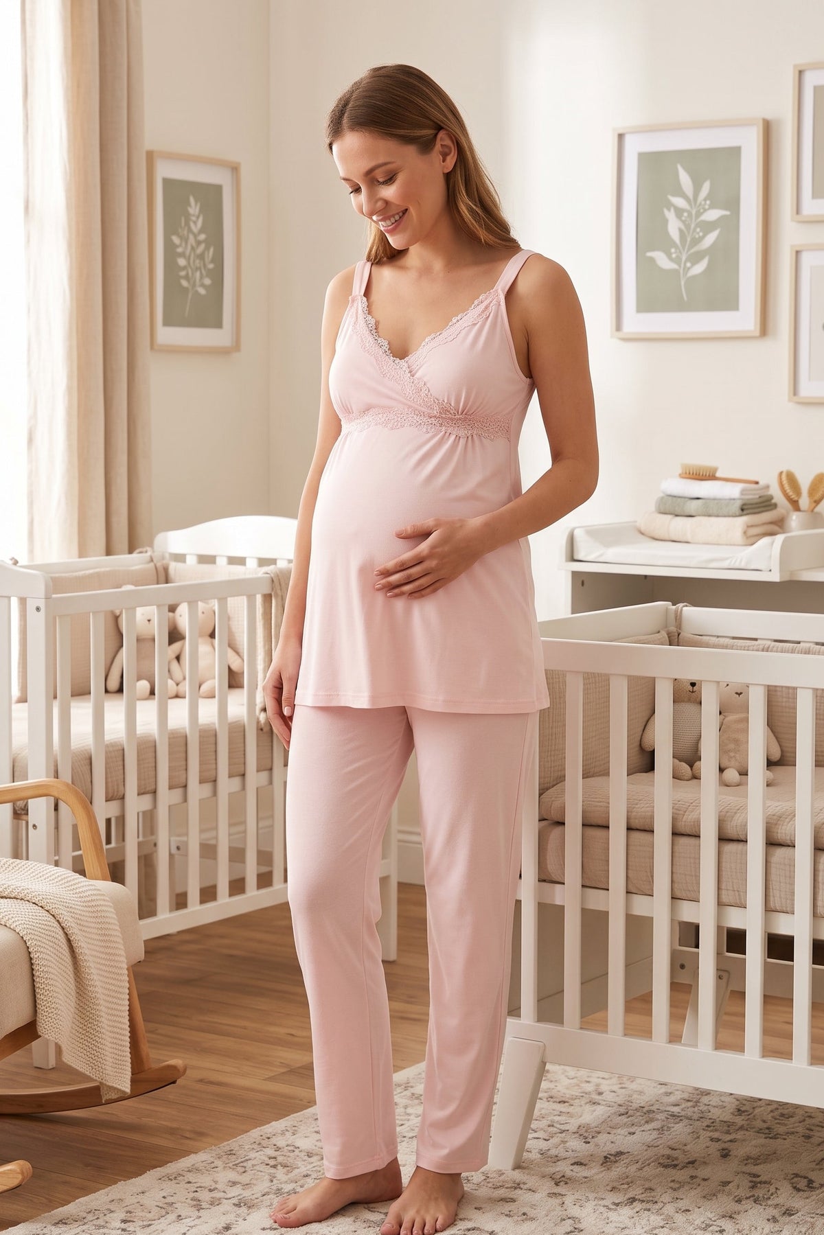 Lace Detailed Wrap Maternity Feeding-Friendly Pajama Set Powder - T9032