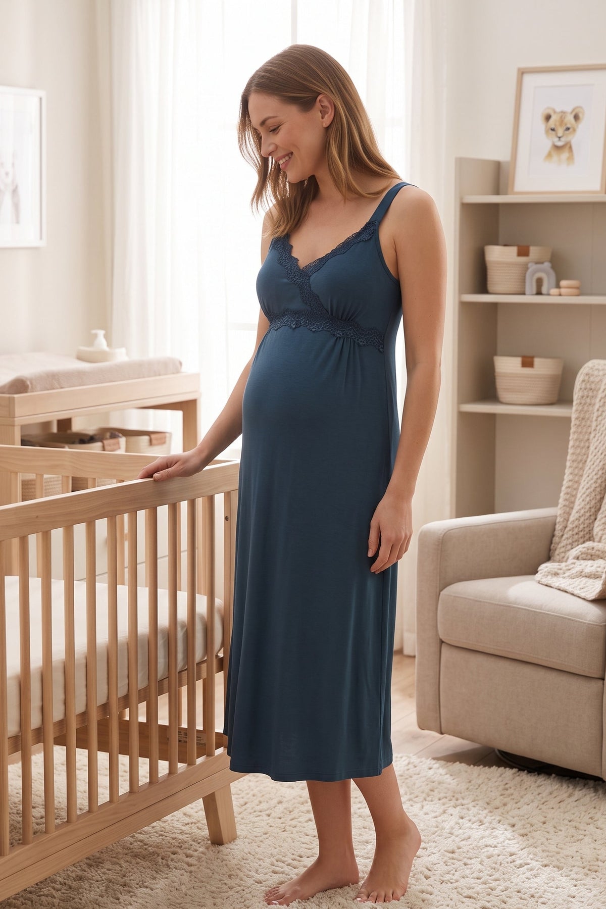 Lace Detailed Wrap Maternity Feeding-Friendly Nightgown Navy Blue - T9033