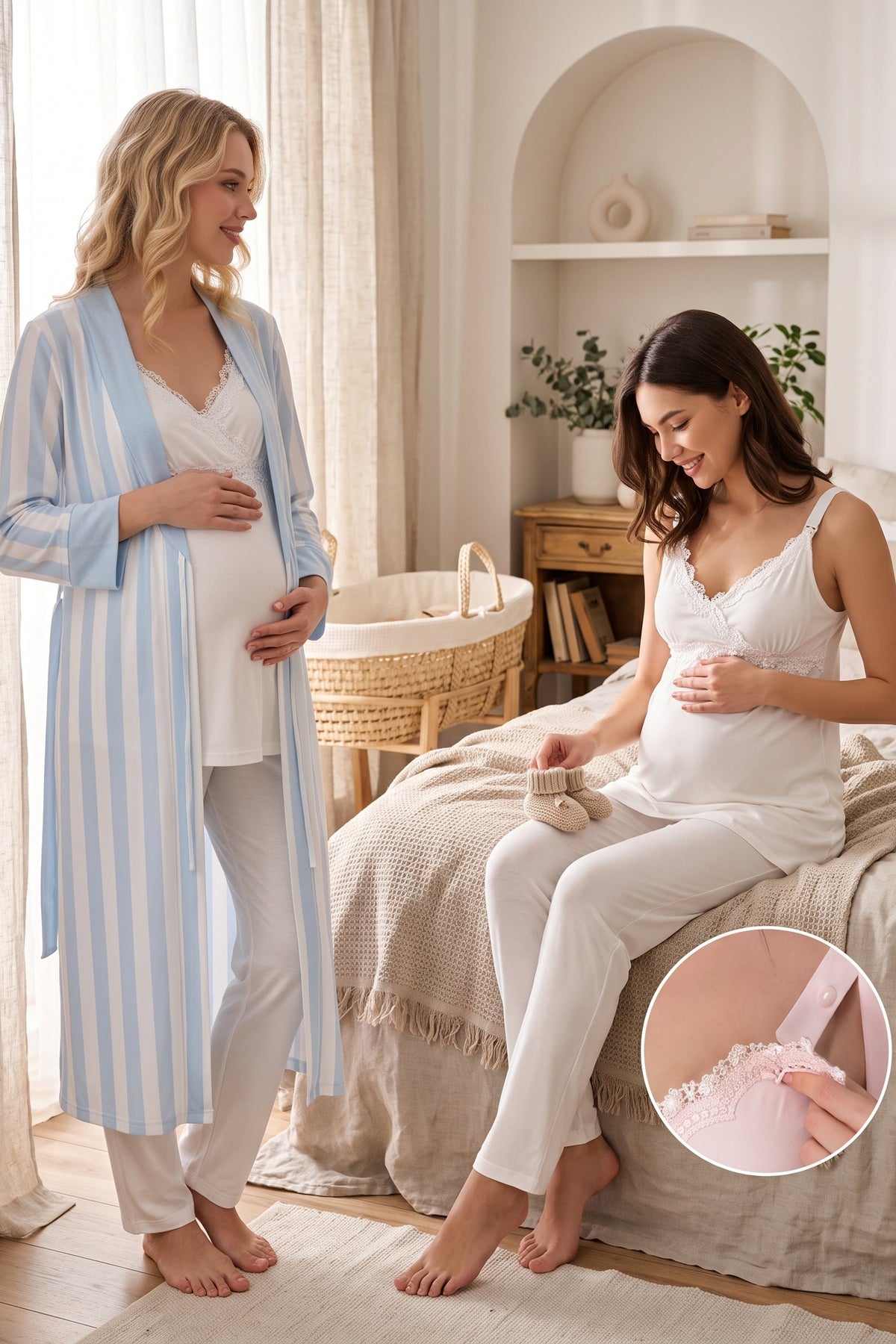 Lace Detailed Wrap 3-Piece Maternity Feeding-Friendly Pajama & Striped Robe Set Blue/Ecru - T9034