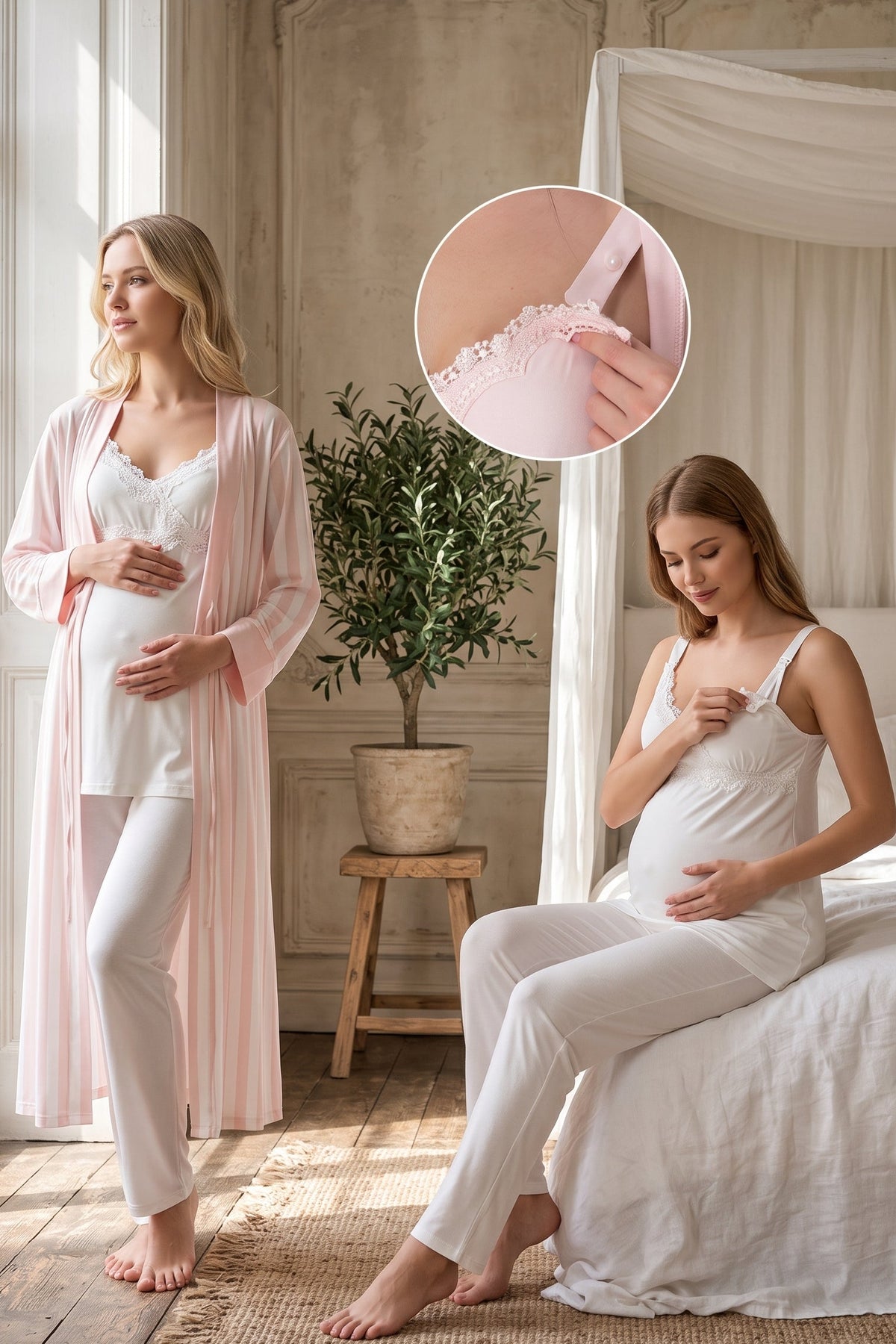 Lace Detailed Wrap 3-Piece Maternity Feeding-Friendly Pajama & Striped Robe Set Powder/Ecru - T9034