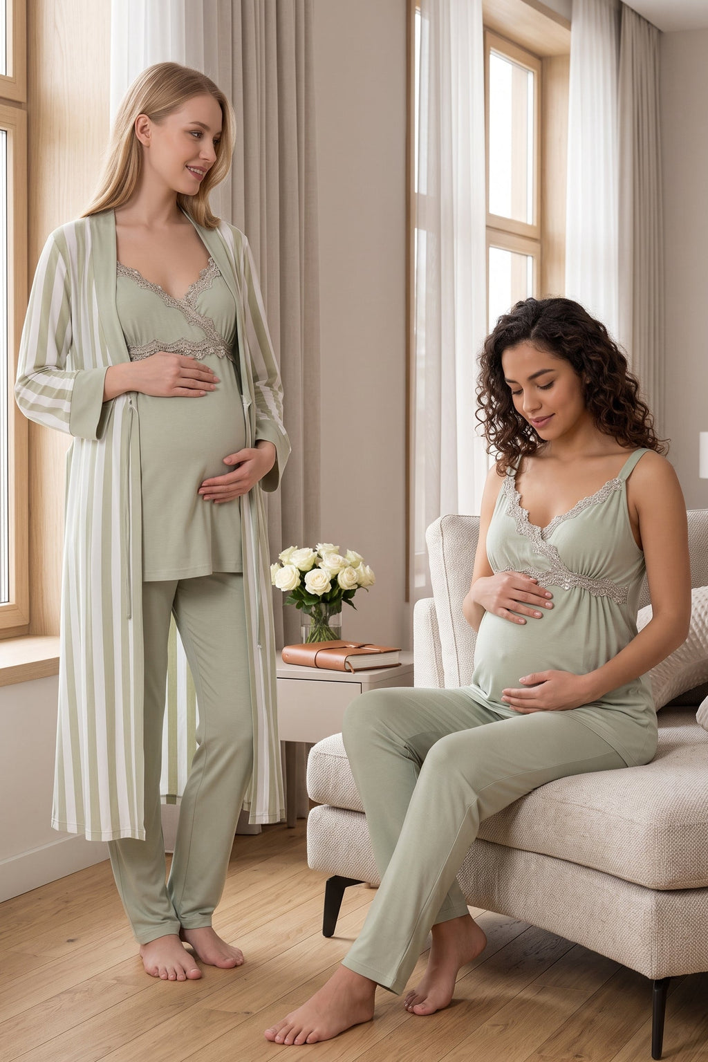Lace Detailed Wrap 3-Piece Maternity Feeding-Friendly Pajama & Striped Robe Set Green - T9034