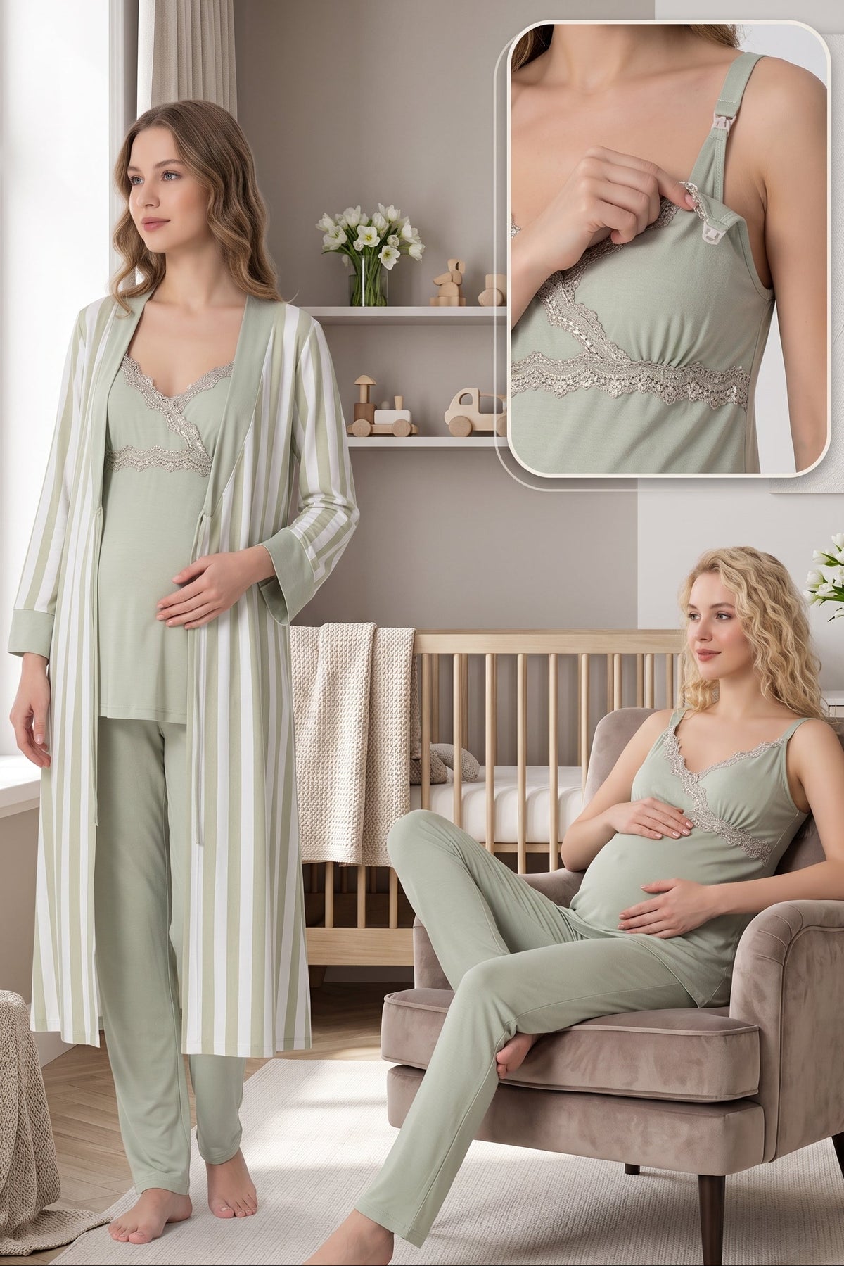 Lace Detailed Wrap 3-Piece Maternity Feeding-Friendly Pajama & Striped Robe Set Green - T9034