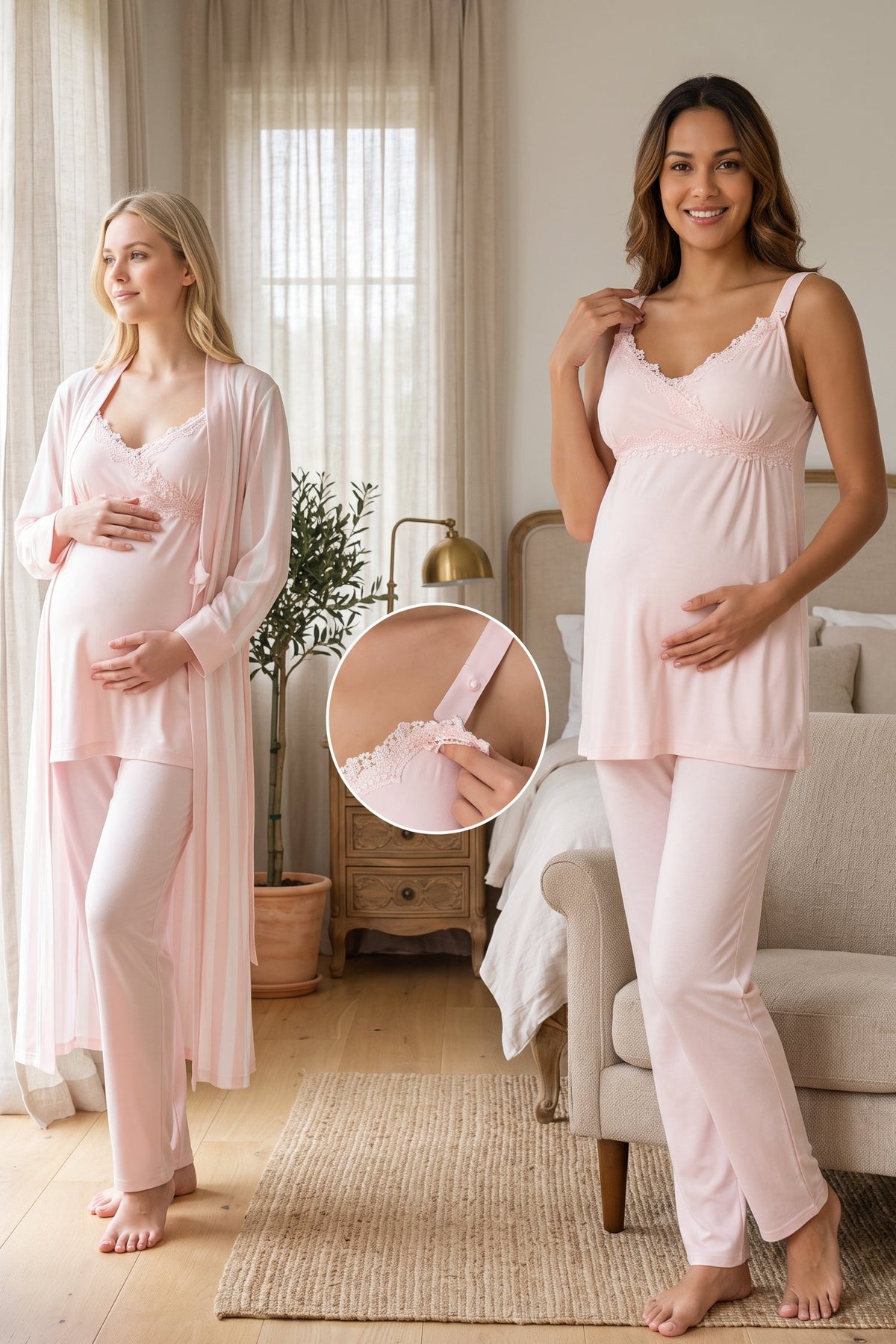Lace Detailed Wrap 3-Piece Maternity Feeding-Friendly Pajama & Striped Robe Set Powder - T9034