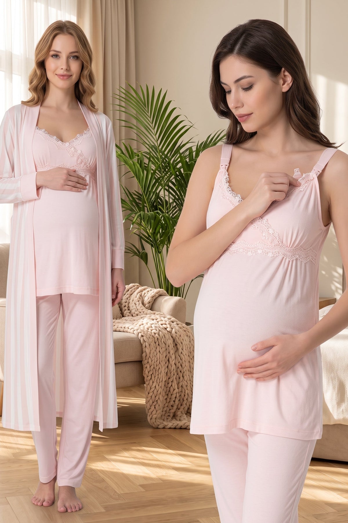 Lace Detailed Wrap 3-Piece Maternity Feeding-Friendly Pajama & Striped Robe Set Powder - T9034