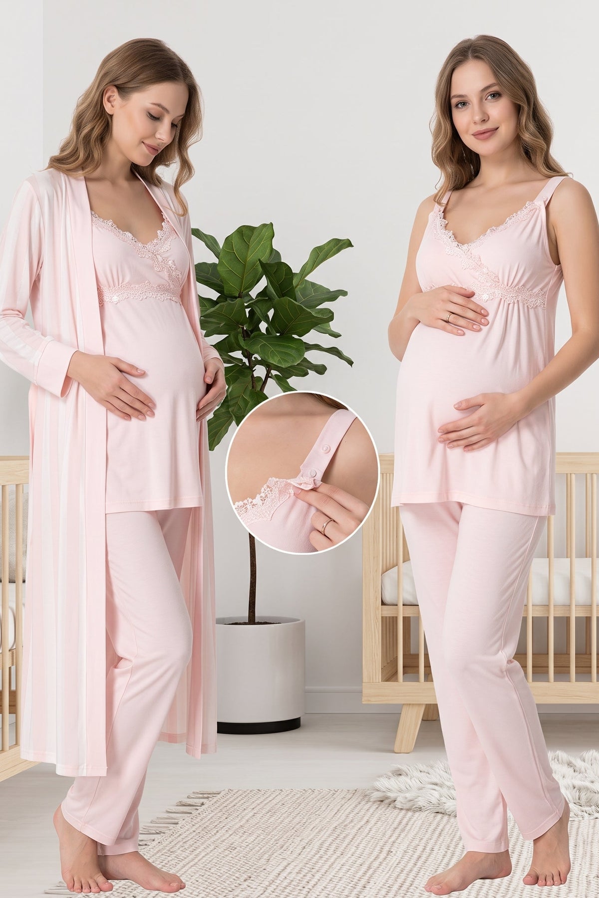 Lace Detailed Wrap 3-Piece Maternity Feeding-Friendly Pajama & Striped Robe Set Powder - T9034