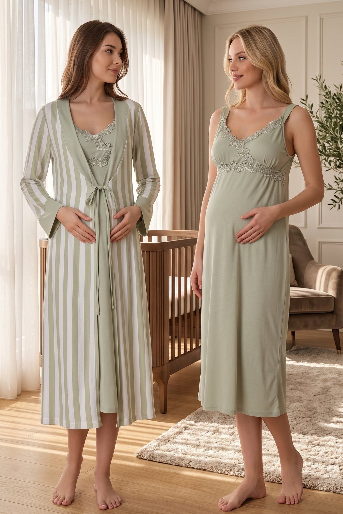 Lace Detailed Wrap Maternity Feeding-Friendly Nightgown & Striped Robe Set Green - T9035