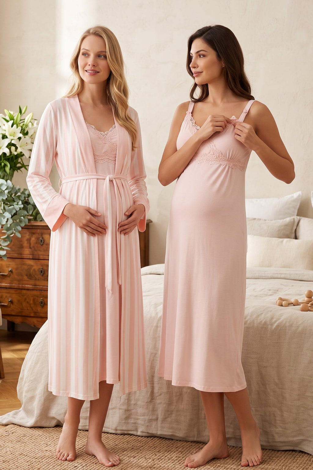 Lace Detailed Wrap Maternity Feeding-Friendly Nightgown & Striped Robe Set Powder - T9035