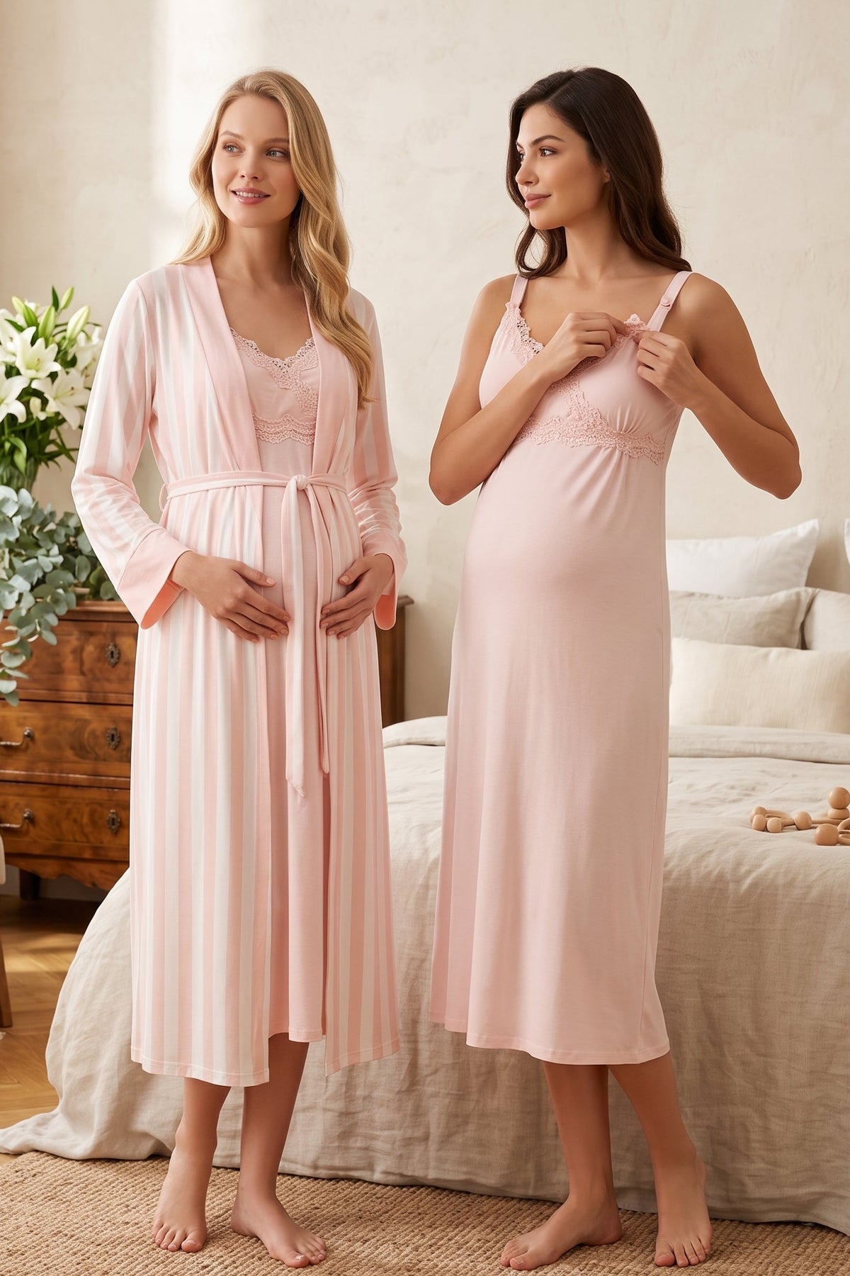 Lace Detailed Wrap Maternity Feeding-Friendly Nightgown & Striped Robe Set Powder - T9035