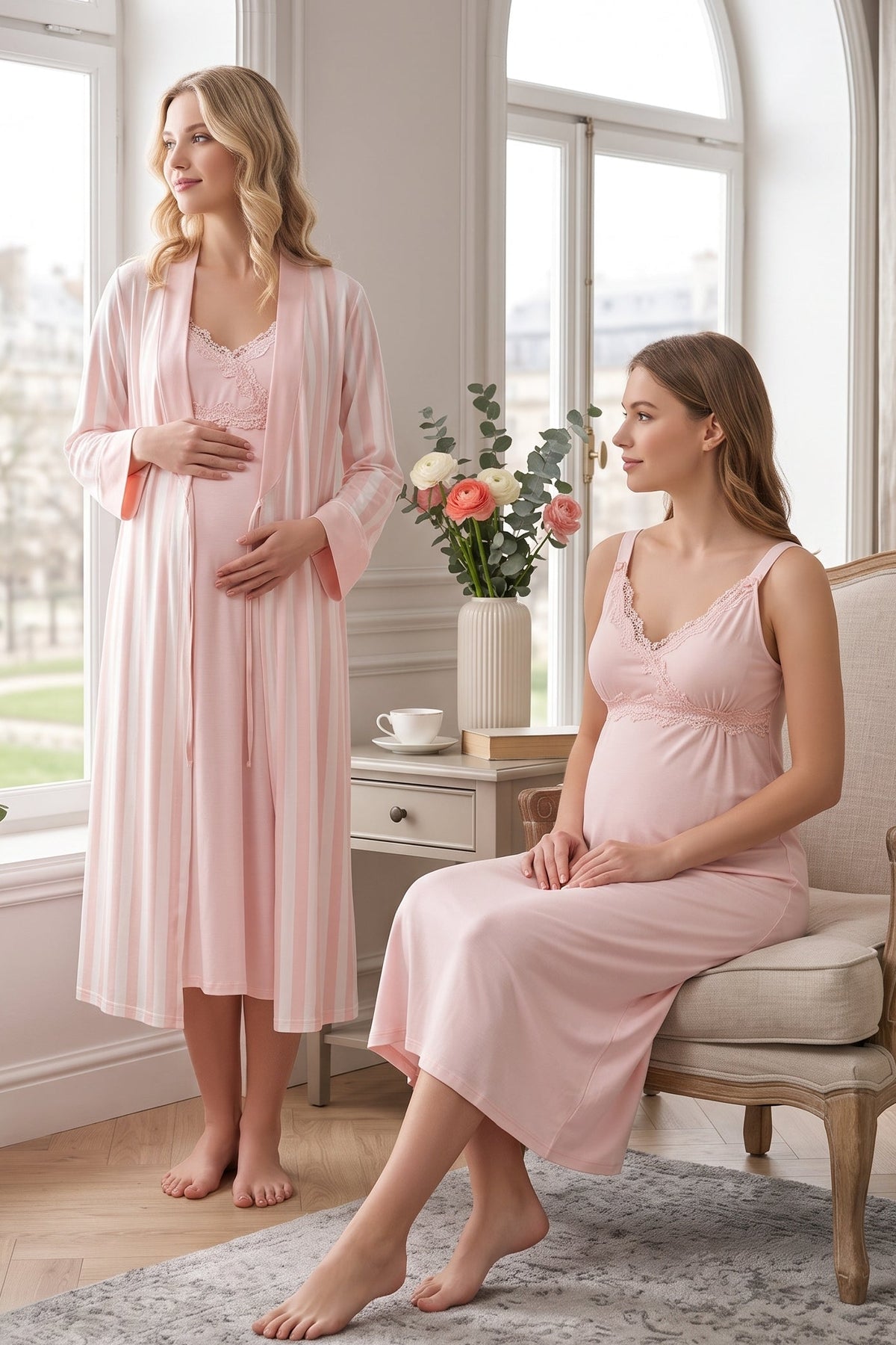 Lace Detailed Wrap Maternity Feeding-Friendly Nightgown & Striped Robe Set Powder - T9035