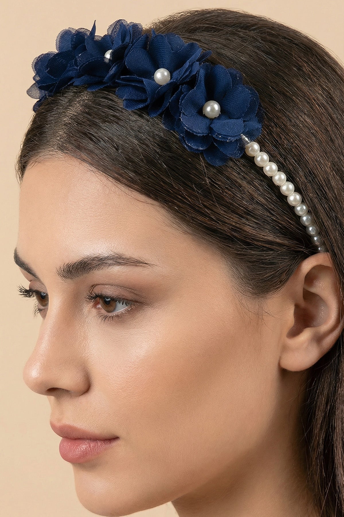 Pearl Flower Themed Handmade Maternity Mom's Hair Crown Navy Blue - 9113