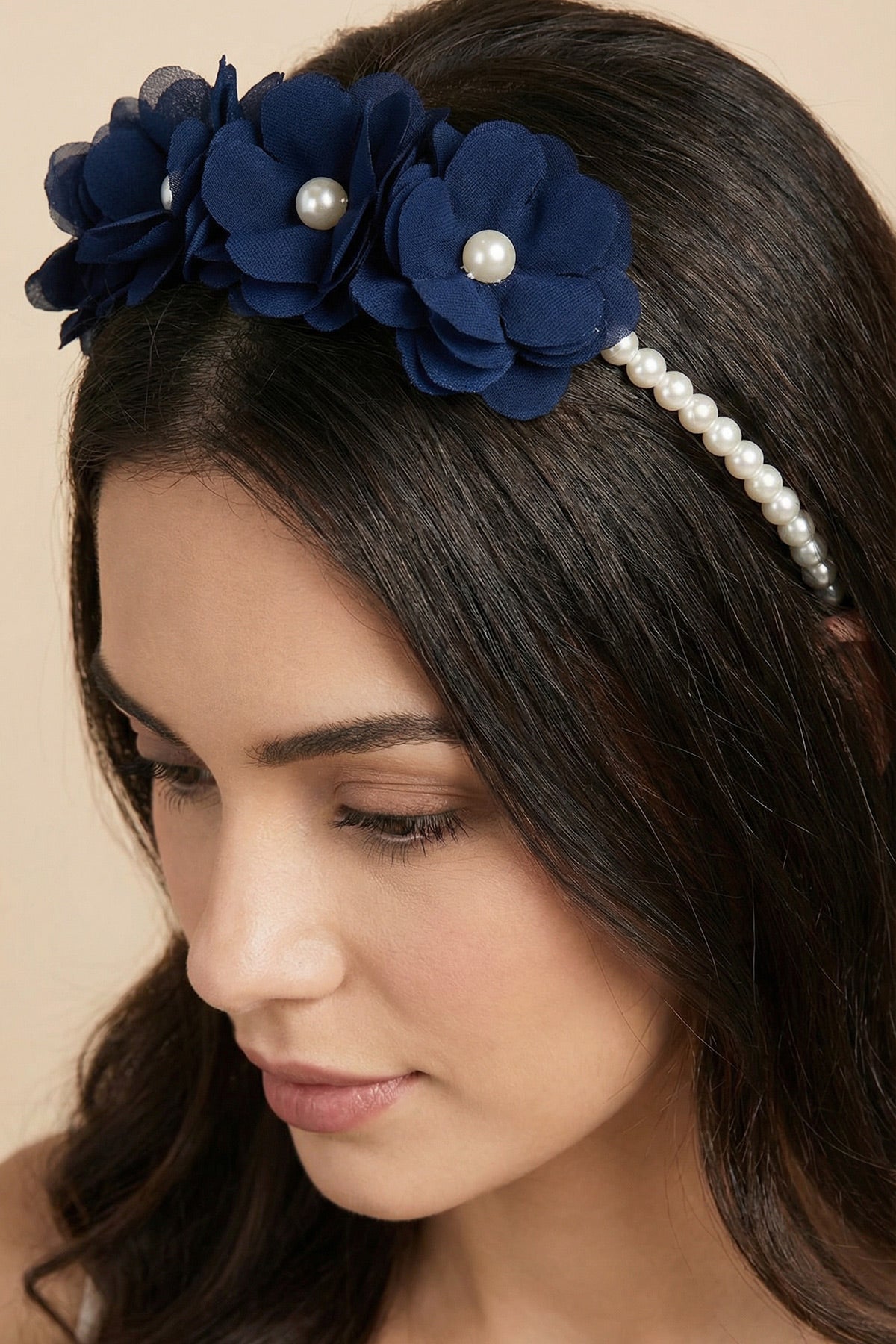 Pearl Flower Themed Handmade Maternity Mom's Hair Crown Navy Blue - 9113
