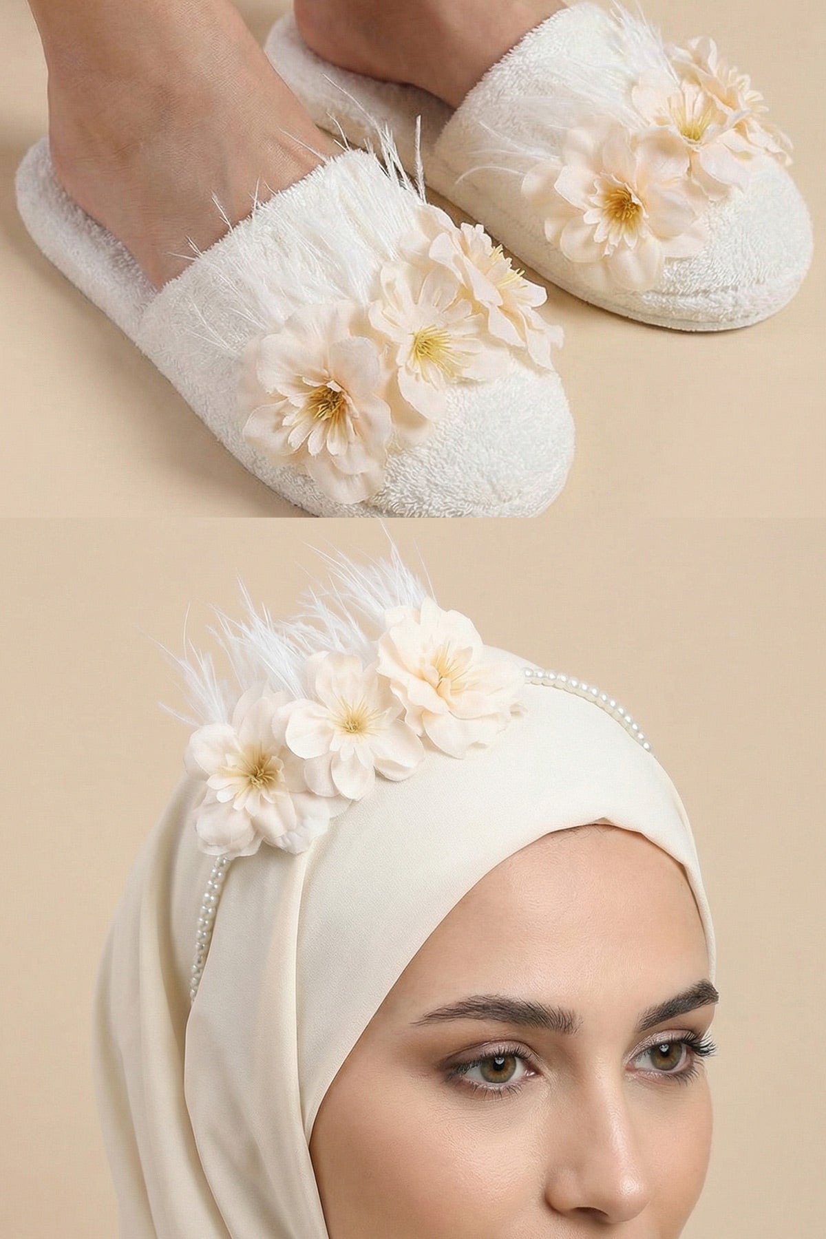 Water Lily Flowered Handmade Maternity Mom's Crown & Slippers Set Ecru - 919504