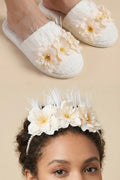 Water Lily Flowered Handmade Maternity Mom's Crown & Slippers Set Ecru - 919504