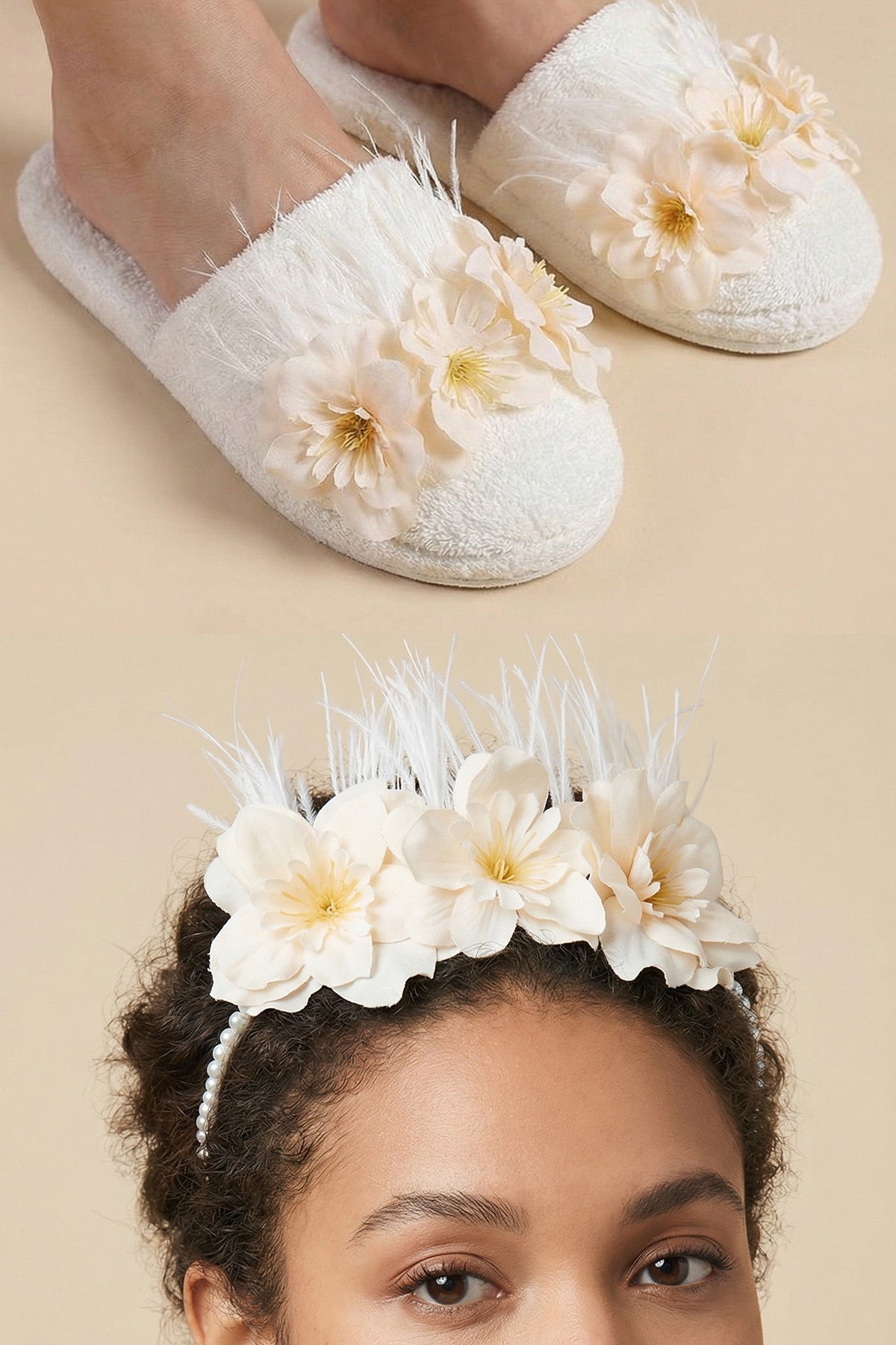 Water Lily Flowered Handmade Maternity Mom's Crown & Slippers Set Ecru - 919504