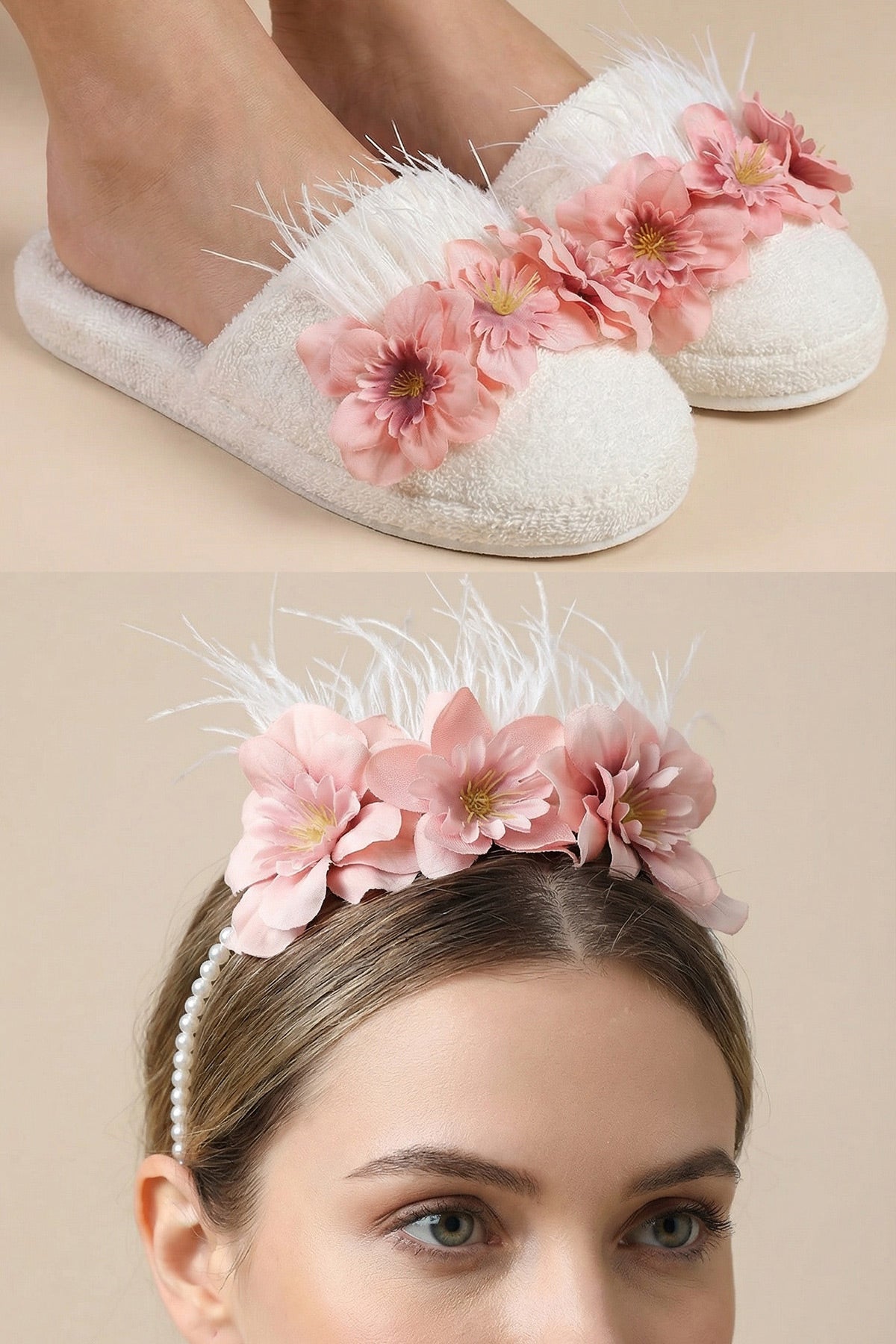 Water Lily Flowered Handmade Maternity Mom's Crown & Slippers Set Pink - 919504