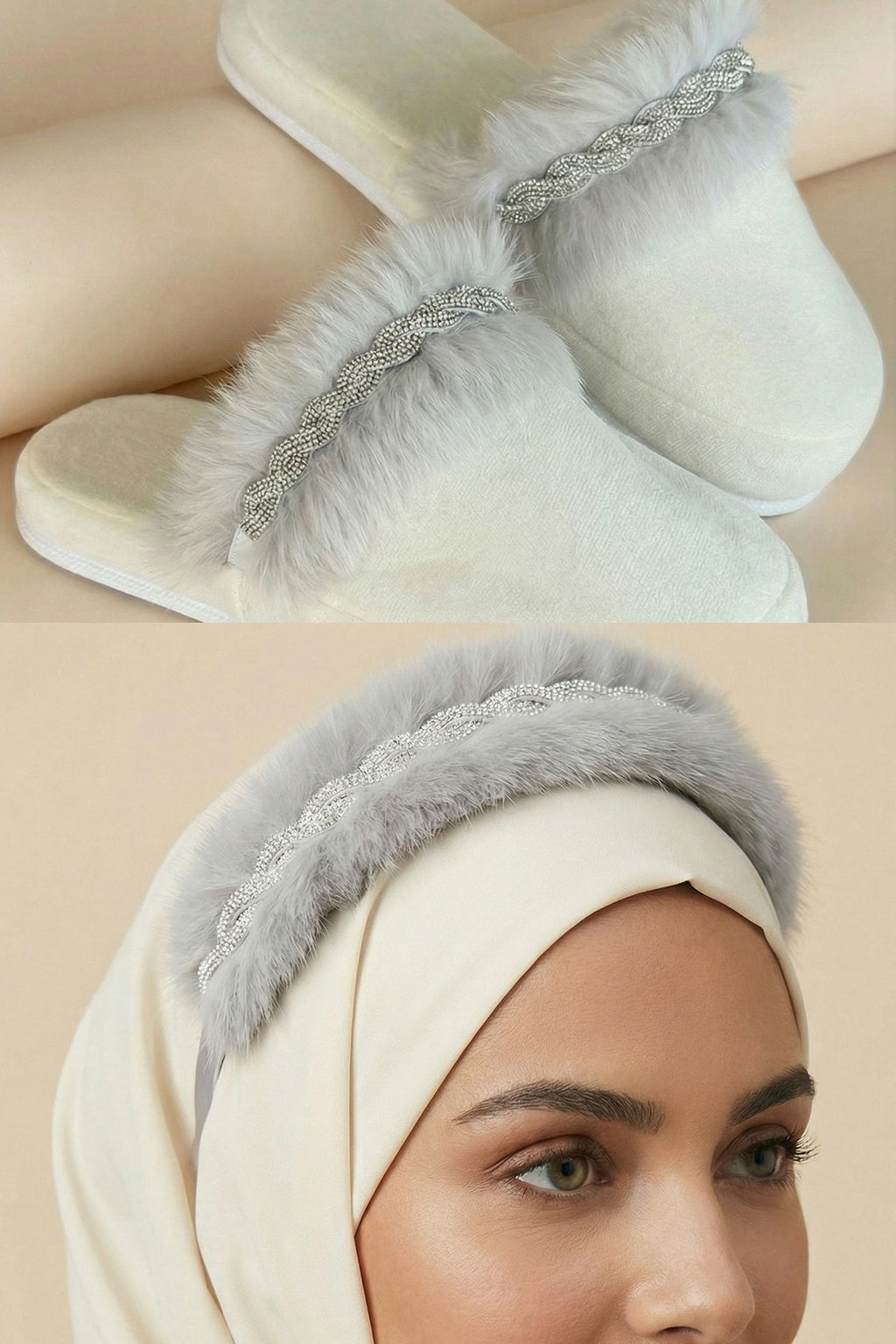 Feather Themed Handmade Maternity Mom's Crown & Slippers Set Grey - 919508
