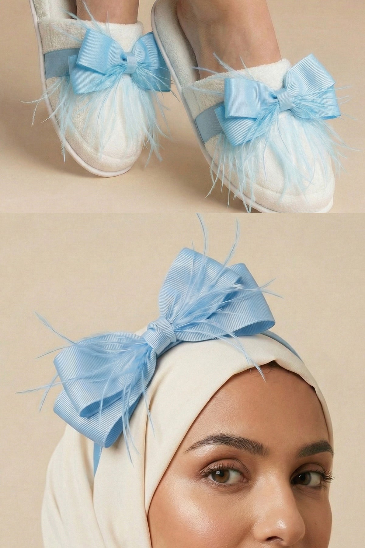 Feathered Bow Themed Handmade Maternity Mom's Crown & Slippers Set Blue - 919510