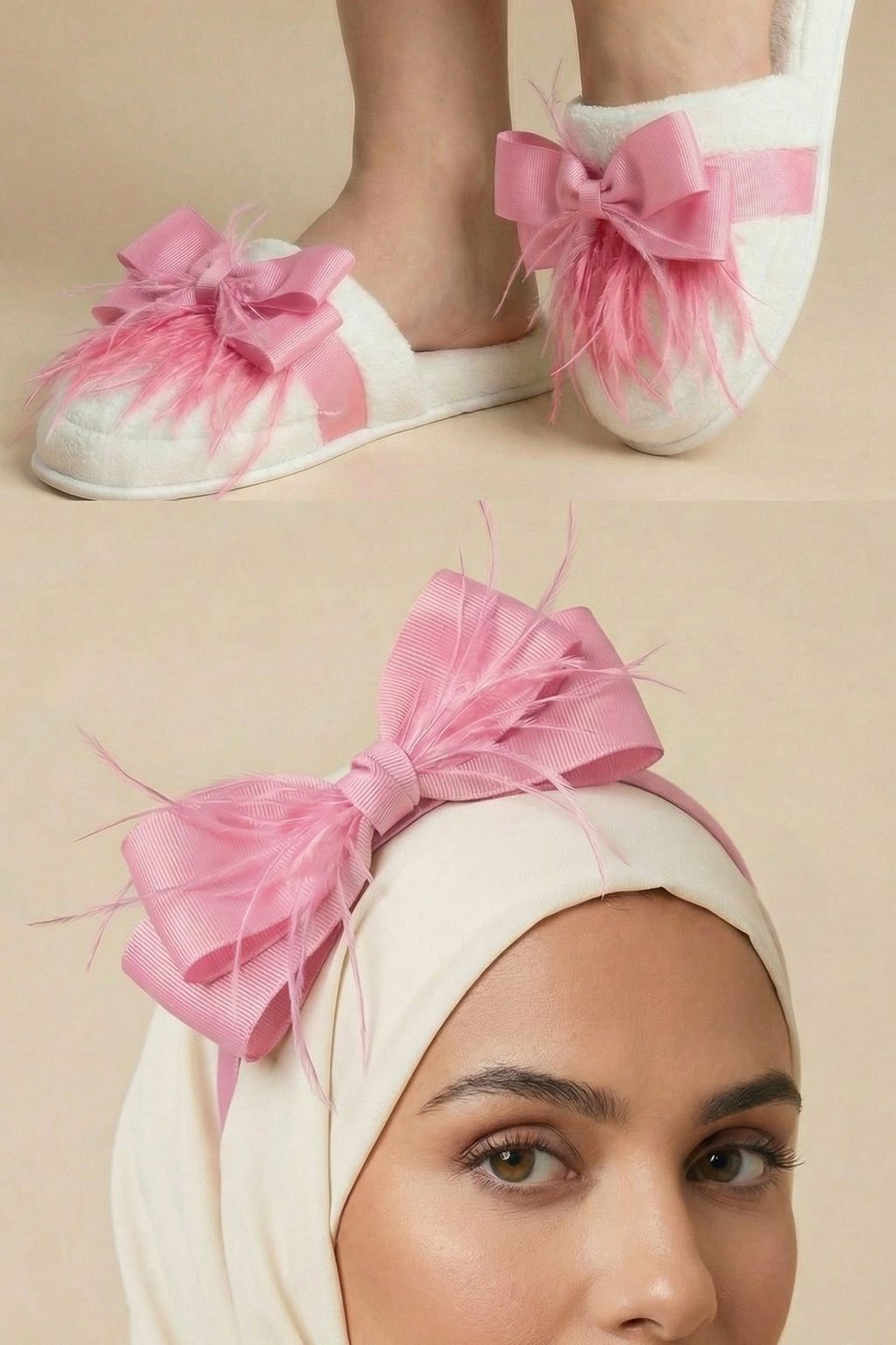 Feathered Bow Themed Handmade Maternity Mom's Crown & Slippers Set Pink - 919510