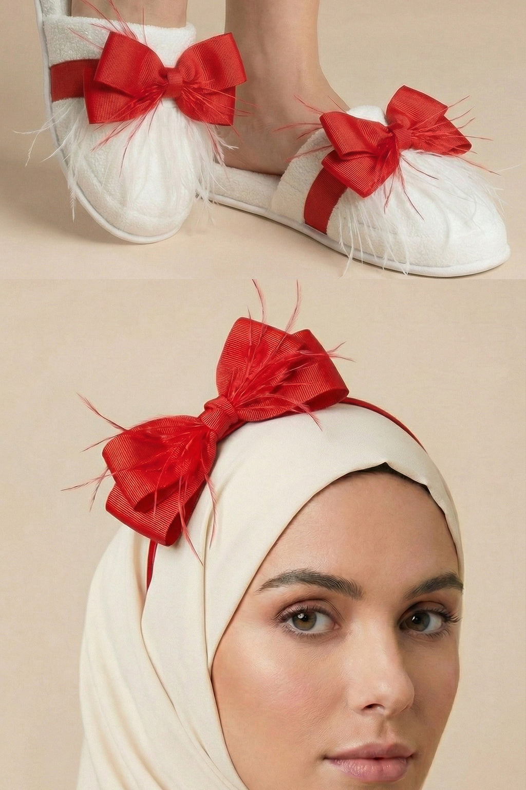 Feathered Bow Themed Handmade Maternity Mom's Crown & Slippers Set Red - 919510
