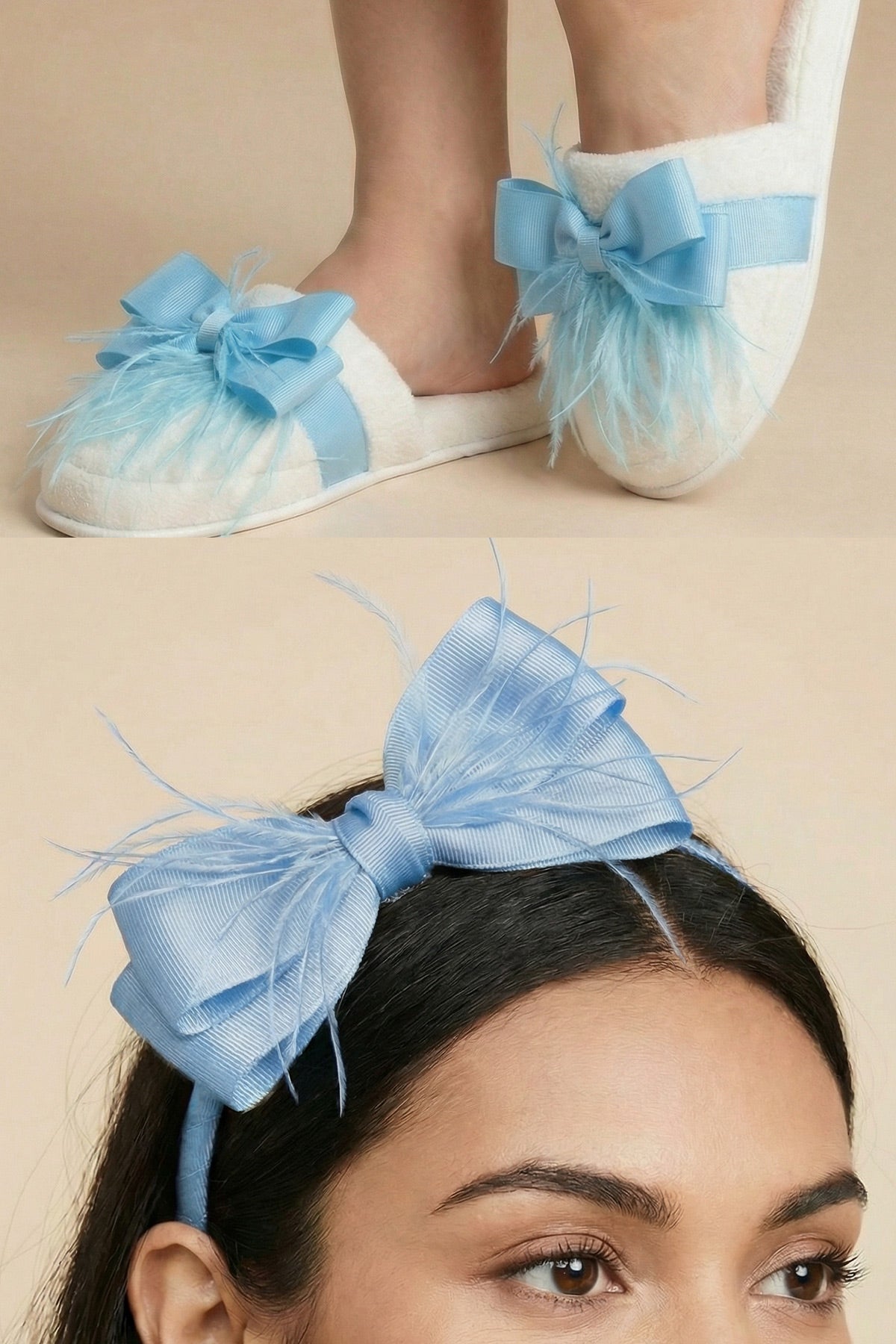 Feathered Bow Themed Handmade Maternity Mom's Crown & Slippers Set Blue - 919510