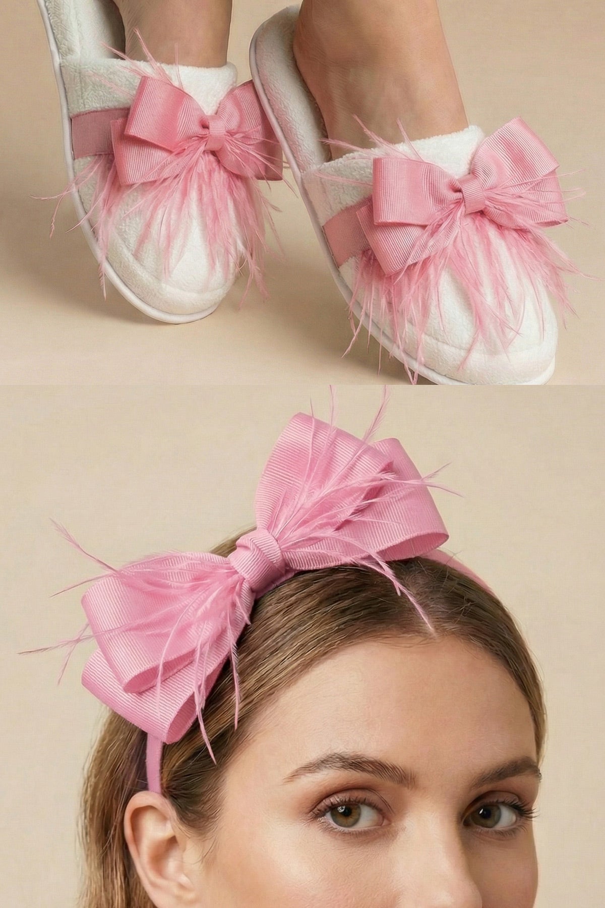 Feathered Bow Themed Handmade Maternity Mom's Crown & Slippers Set Pink - 919510