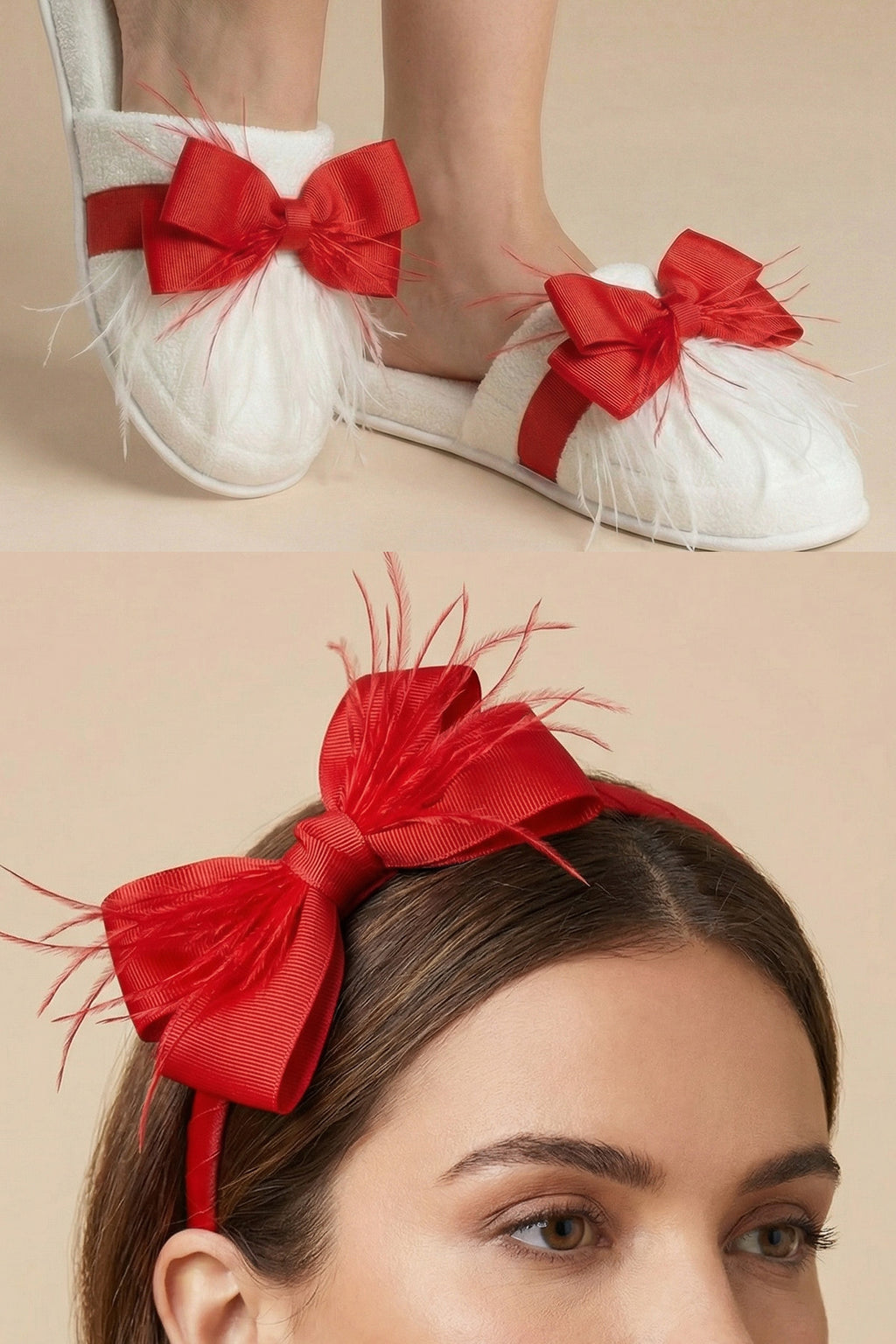Feathered Bow Themed Handmade Maternity Mom's Crown & Slippers Set Red - 919510