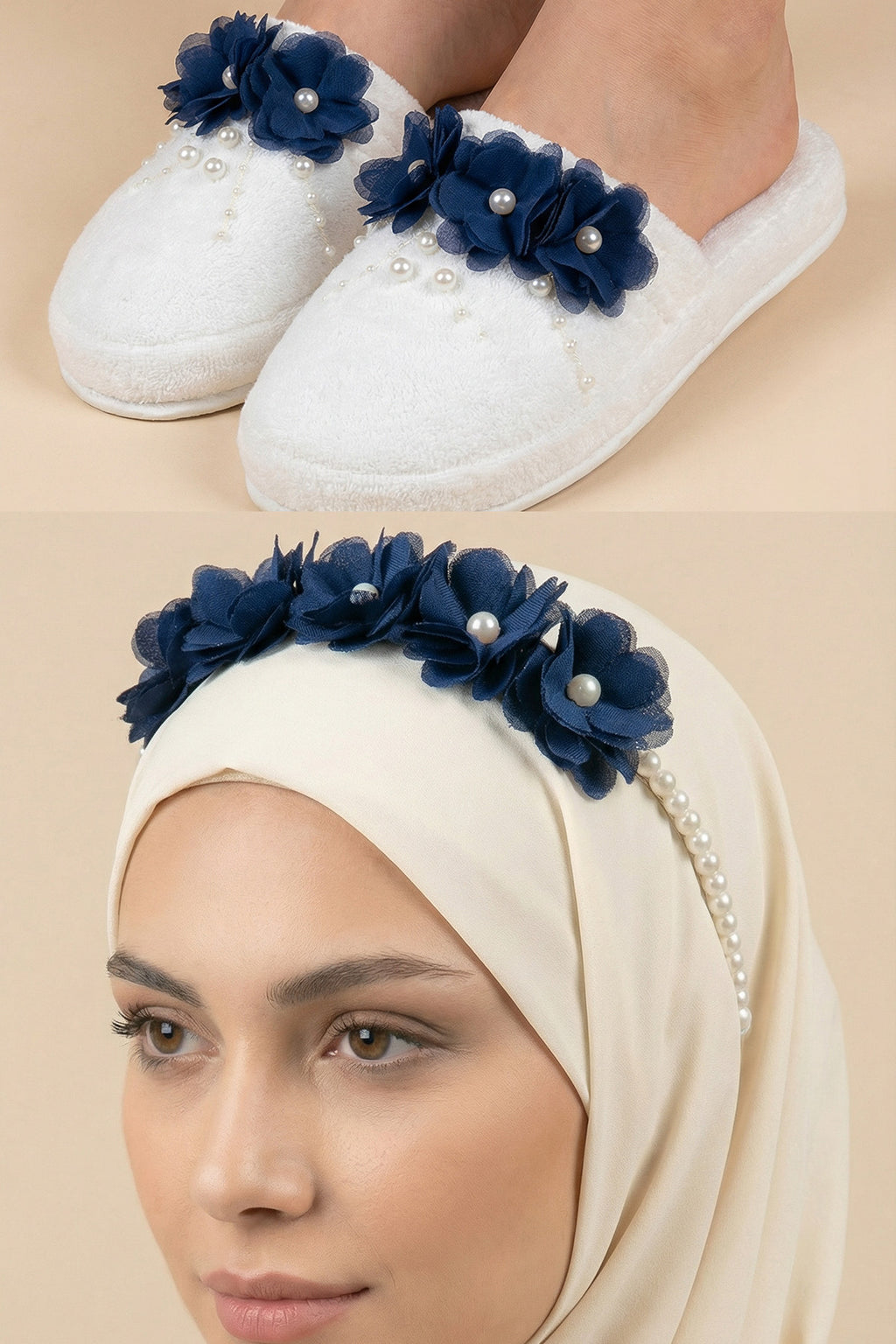Pearl Flower Themed Handmade Maternity Mom's Crown & Slippers Set Navy Blue - 919513