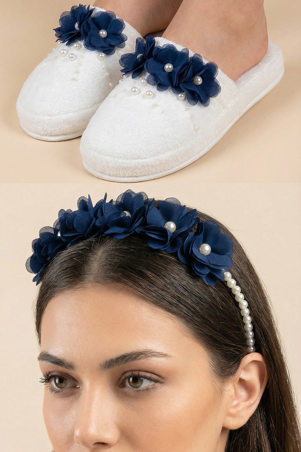 Pearl Flower Themed Handmade Maternity Mom's Crown & Slippers Set Navy Blue - 919513