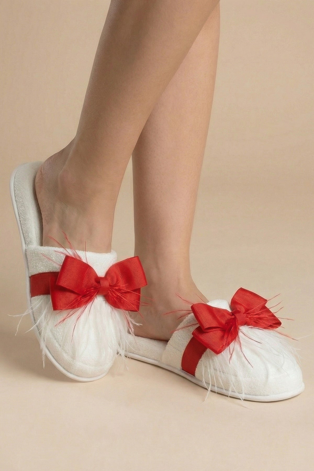 Feathered Bow Themed Handmade Maternity Mom's Slippers Red - 9510
